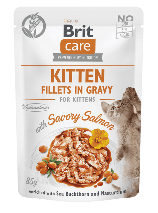 Brit Care Cat Kitten. Fillets In Gravy With Savory Salmon 85 G